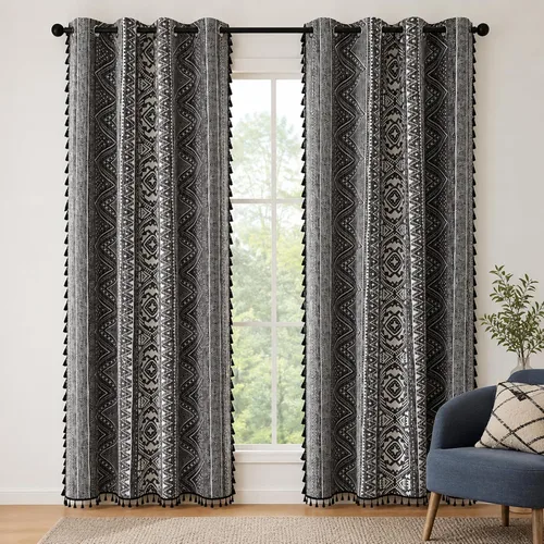 Vista 14 de Cortinas Boho ColorBird Beige Crema opacas, 2 paneles de 63 pulgadas de largo, tratamiento para ventanas con aislamiento térmico, estampado