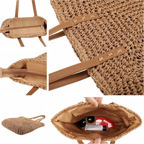 Vista 6 de Ayliss Bolso de hombro de paja para mujer, bolso de hombro para verano, playa, tejido hecho a mano, bolso casual para viajes de vocación