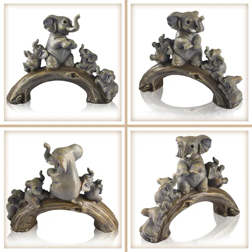 Vista 5 de Estatuas de elefante amarillo de buena suerte elefante jugando en el puente de troncos Elephant Family Figurine with 3 Calves on Log Bridge