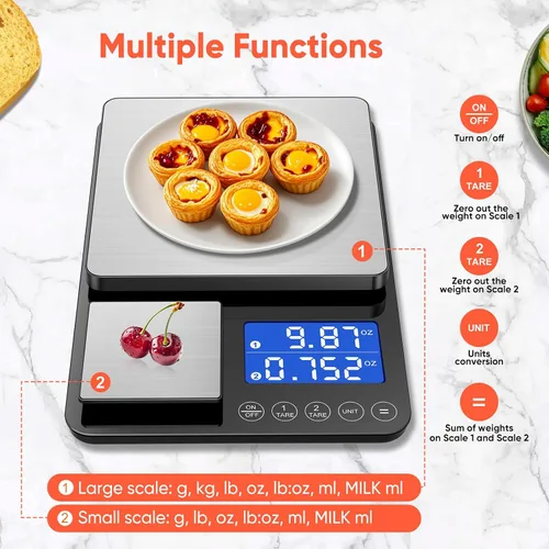 Vista 3 de Báscula de cocina de doble plataforma de 0.001 onzas / 33 libras, báscula digital de alimentos con dos superficies de precisión, pantalla LCD, 7