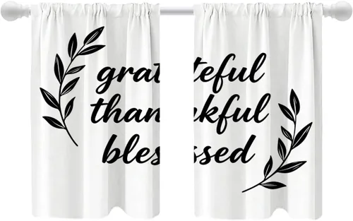 Vista 102 de Shrahala Cortinas blancas S inspiradoras para ventanas de cocina, cortinas negras con palabras cristianas para cafetería, cortinas opacas