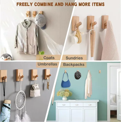 Vista 3 de QUELLANCE Ganchos de Madera para Abrigos Montados en Pared - Paquete de 4 Ganchos de Pared para Colgar Batas y Ganchos para Toallas para Baño