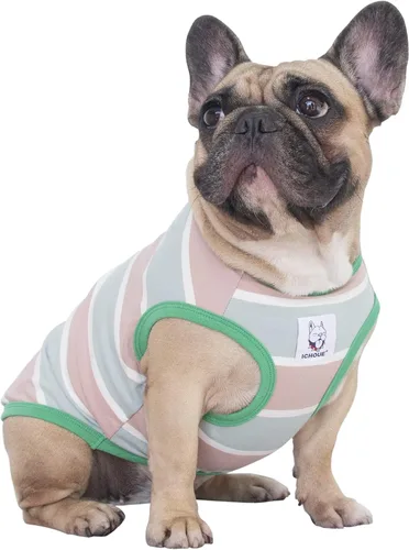 Vista 35 de iChoue - Camisetas de rayas de algodón 100% transpirable para Bulldog francés, chaleco de Halloween para perros medianos, camisetas Frenchie Pug