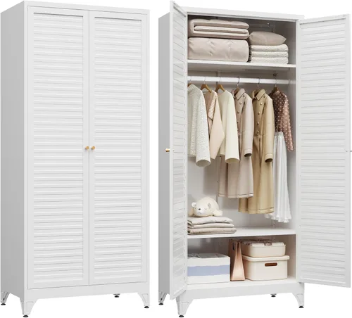 Vista 9 de SteeLoong Armario de metal de 71 pulgadas con barra para colgar, armario con puertas y estantes ajustables, armarios de almacenamiento de ropa negra