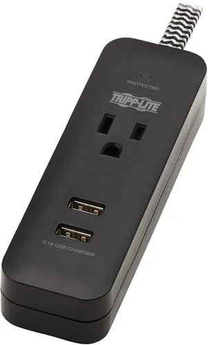 Vista 6 de Tripp Lite Protector de sobretensiones de 1 salida con 2 puertos USB (2.1A compartido) - Cable de 4 pies, enchufe 5-15P, 450 julios, negro