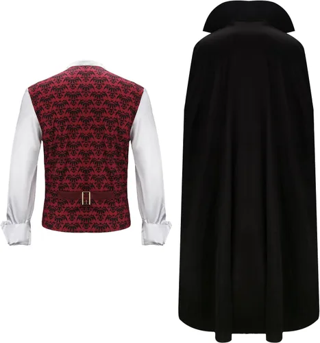 Vista 2 de Disfraz de vampiro de diablo para hombre adulto, camisa medieval, renacentista, victoriano, gótico, Halloween, cosplay, capa larga