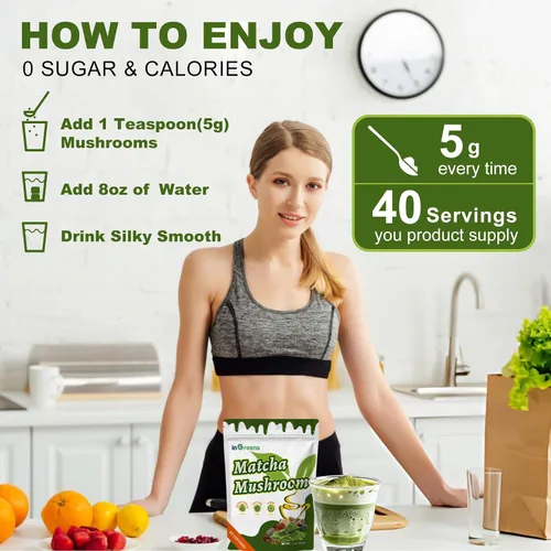 Vista 6 de Matcha de hongos de 7.05 oz, mezcla súper premium, polvo de hongos matcha con MCT, Reishi y melena de león para fortalecer el sistema inmunológico