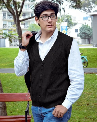 Vista 2 de TINKUY Chaleco peruano de lana de alpaca con cuello en V para hombre, S-4XL