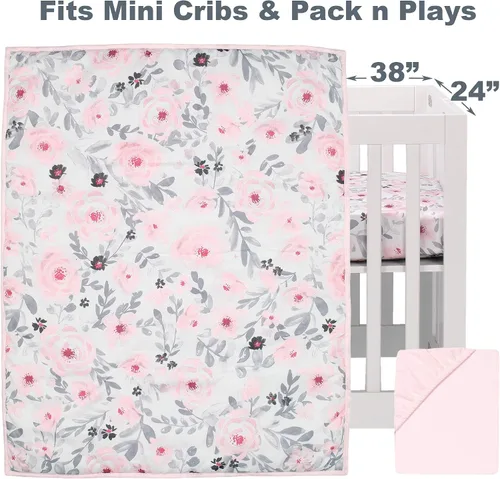 Vista 2 de Bedtime Originals Juego de ropa de cama de 3 piezas con diseño floral de acuarela rosa Blossom