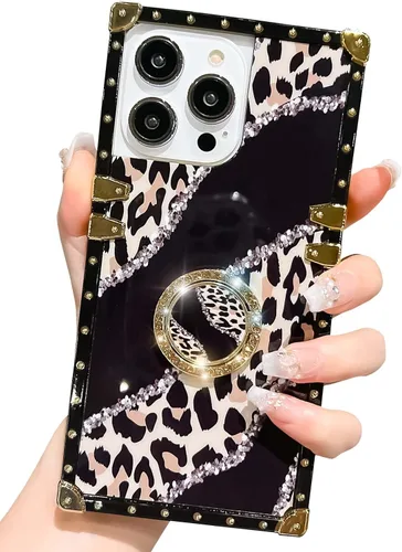 Vista 8 de Funda cuadrada de lujo compatible con iPhone 13 Pro Max de 6.7 pulgadas, funda de leopardo brillante, silicona suave y brillante a prueba de golpes