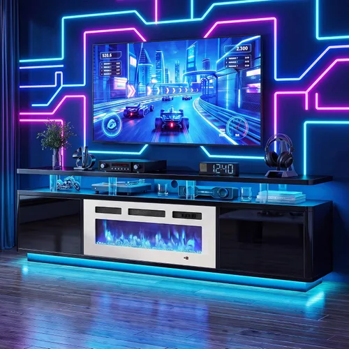 Vista 24 de oneinmil Soporte de TV con chimenea blanca de 70 pulgadas para sala de estar, centro de entretenimiento con chimenea eléctrica con luces LED dobles