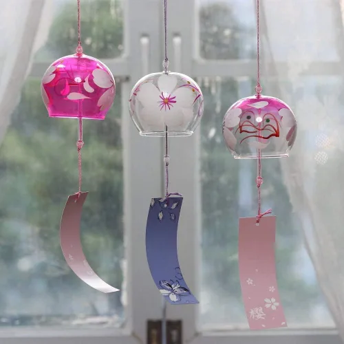 Vista 8 de Campanas de viento japonesas románticas con flores pequeñas Campanas de viento hechas a mano de vidrio estilo japonés colgante para regalo
