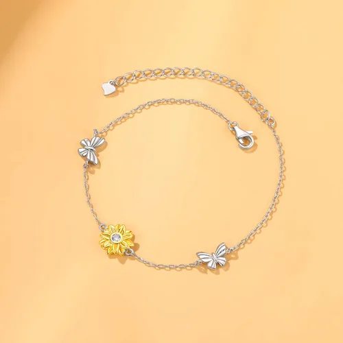 Vista 2 de SNZM Pulseras para mujer de plata de ley 925 con diseño de girasol, cadena ajustable con dije de corazón para cumpleaños, día de la madre, girasol