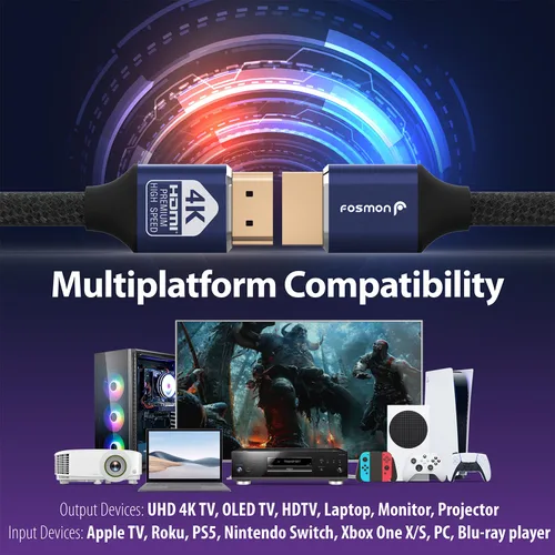 Vista 3 de Fosmon - Cable HDMI 2.0 de 0.3 m, 4K@60Hz, certificado premium en pared CL3, 18Gbps de súper alta velocidad, HDR, HDCP 2.2/1.4, 3D, ARC, 30AWG