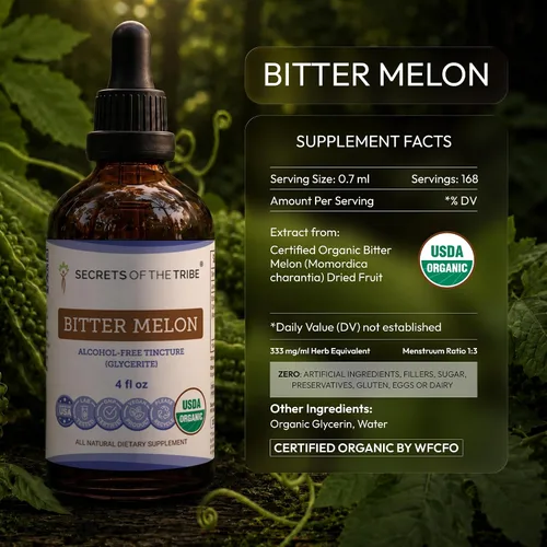 Vista 5 de Secrets of the Tribe Bitter Melon USDA Organic Extracto líquido sin alcohol para apoyo energético y digestivo Momordica Charantia frutos secos