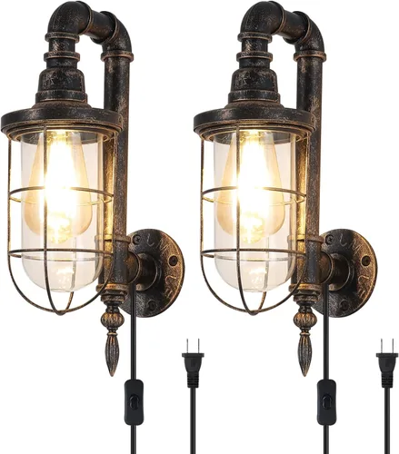 Vista 8 de Lámpara de pared industrial enchufable de 14.2 pulgadas con enchufe UL con interruptor de encendido y apagado, iluminación rústica de bronce para 1