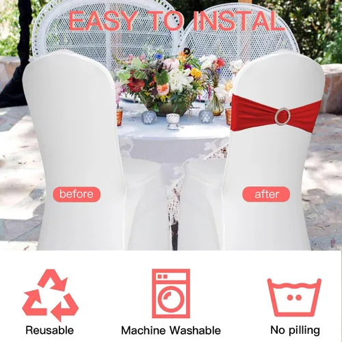 Vista 22 de WJWHQ 100 piezas de cintas elásticas de elastano con lazos para sillas, bandas de cubierta de silla con hebilla deslizante para eventos de boda