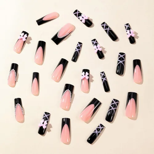 Vista 2 de Uñas postizas a presión de ballet negras, uñas postizas largas cuadradas con punta francesa, uñas postizas con lazo rosa con diseños de perlas