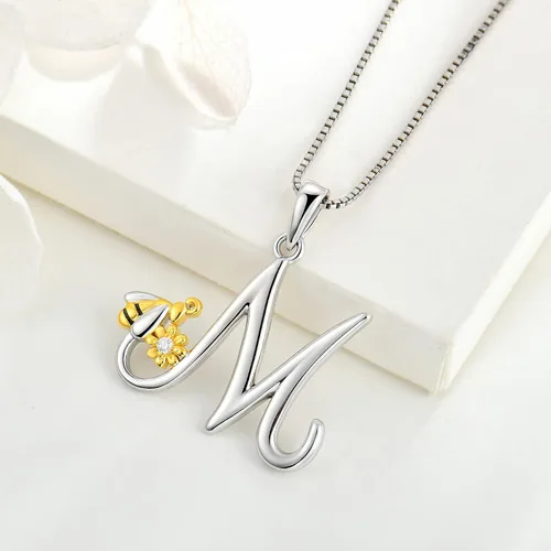 Vista 3 de FJ Colgante de plata de ley 925 con letras del alfabeto iniciales de la A a la Z collar de abeja y miel el mejor regalo para mujeres y hombres