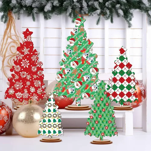 Vista 2 de 5 piezas de decoración rústica de madera para árbol de Navidad, centro de mesa independiente para mantel del hogar o bandeja escalonada