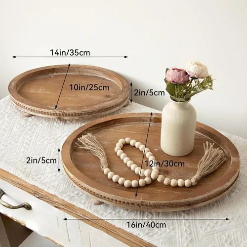 Vista 7 de Juego de 2 bandejas ovaladas de madera con diseño de cuentas, bandeja de decoración de mesa de centro de mesa para sala de estar, bandeja de mesa