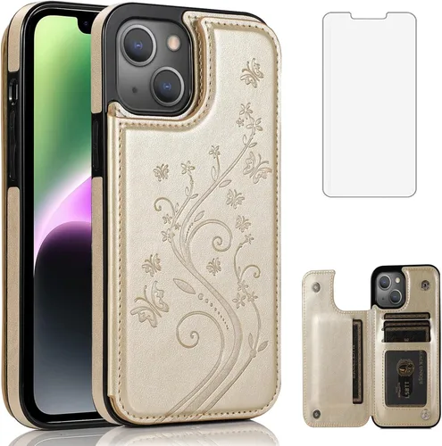 Vista 10 de Funda compatible con iPhone 15 Plus de 6.7 pulgadas con protector de pantalla de vidrio templado y tarjetero con soporte para tarjetero, funda