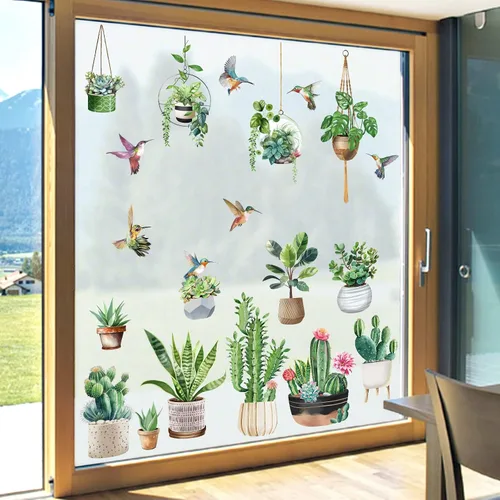 Vista 3 de Wondever Pegatina de cristal de colibríes, cactus botánico tropical, plantas colgantes, anticolisión, doble cara, estáticas para ventana