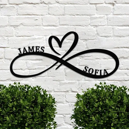Vista 5 de Letrero de metal personalizado para boda, nombre y fecha de pareja con diseño de corazón infinito, decoración de pared única y aniversario, regalo
