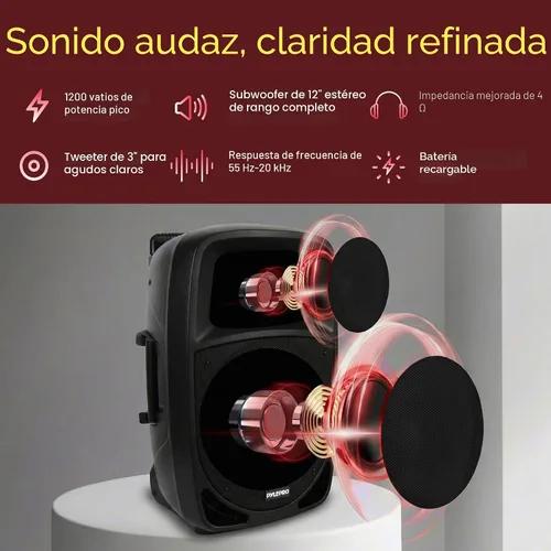 Vista 2 de Altavoz PA Bluetooth portátil de 1200 W, subwoofer de 12 pulgadas, luces indicadoras de batería LED con batería recargable incorporada, lector