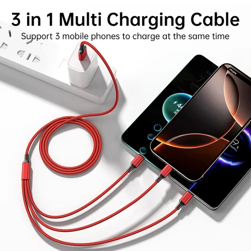 Vista 3 de Cable de carga múltiple, paquete de 2 cables de carga multiteléfono de 4 pies, trenzado, universal, 3 en 1, cable de carga extra largo múltiple USB