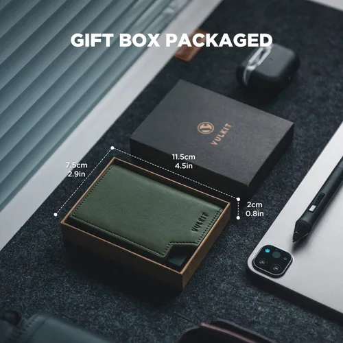 Vista 7 de VULKIT Cartera minimalista para hombre, tarjetero desplegable con bloqueo RFID, cierre magnético, billetera de cuero con ventana de identificación