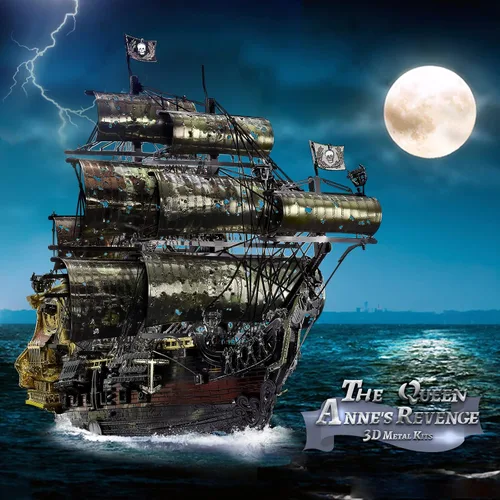 Vista 2 de Piececool - Rompecabezas de metal 3D para adultos, kits de construcción de modelos de barco pirata de La Reina Ana la Venganza, kit de construcción
