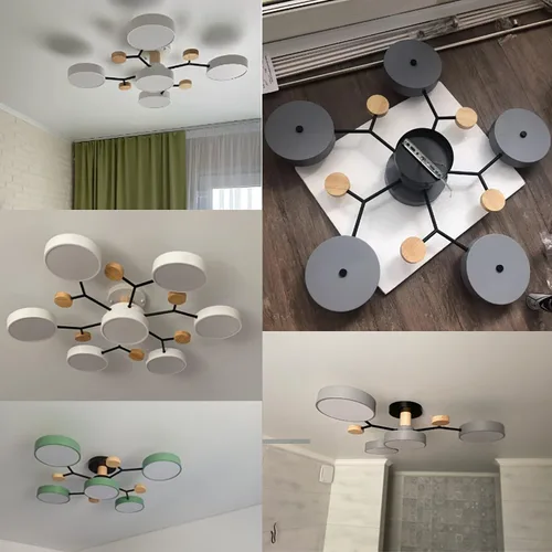 Vista 8 de Lámpara LED de techo, 34 pulgadas, 7 luces de techo modernas, de montaje empotrado, de madera, 56 W, regulable, para sala de estar, dormitorio