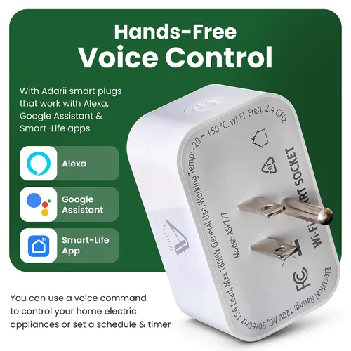 Vista 2 de Adarii Enchufe inteligente Google Home, compatible con Alexa, enchufe WiFi de 15 A, 2.4 GHz, enchufe Smart Life, control de voz, enchufe inteligente