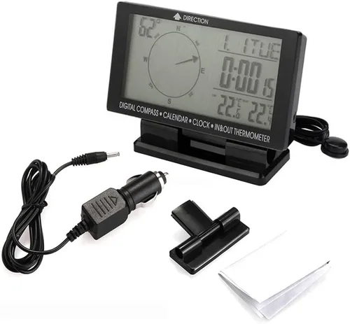 Vista 7 de Termómetro digital para coche negro con retroiluminación azul brújula reloj con LCD grande 3.9 pulgadas
