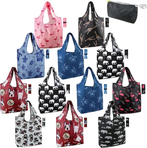 Vista 13 de BeeGreen Bolsas de comestibles reutilizables de Navidad con bolsa de almacenamiento con cremallera, paquete de 10 bolsas de compras reutilizables a
