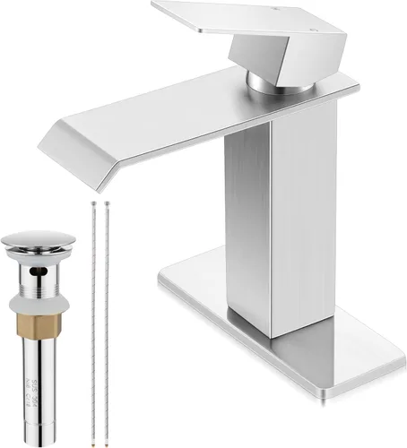Vista 11 de Herogo Grifo de lavabo de baño, níquel cepillado de una sola manija, grifo alto de fregadero de baño con drenaje emergente y 2 líneas de suministro