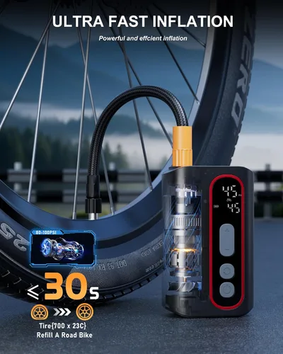 Vista 2 de Mini bomba eléctrica para bicicleta, 4 veces más rápida, bomba de neumáticos de bicicleta de 160 PSI con parada automática de calibre, bomba