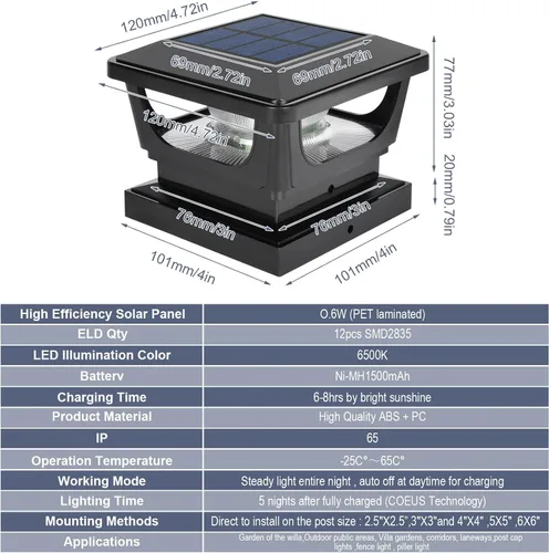 Vista 6 de FVTLED Paquete de 2 luces solares para tapa de poste, impermeables IP65 para exteriores, encendido/apagado automático, 120 lúmenes, 6500 K, blanco