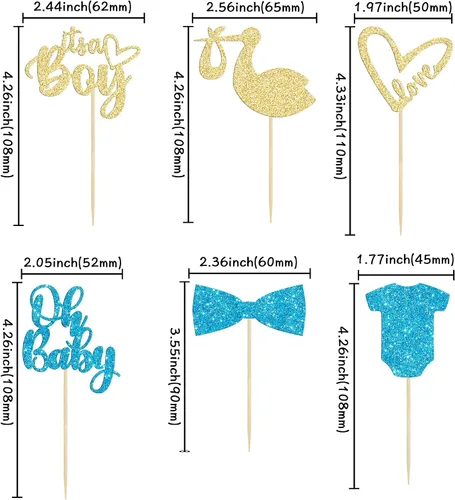 Vista 2 de Gyufise Paquete de 36 adornos para cupcakes Oh Baby ensamblados con texto en inglés "It's a Boy" con corbata, mameluco de amor, corazón, purpurina