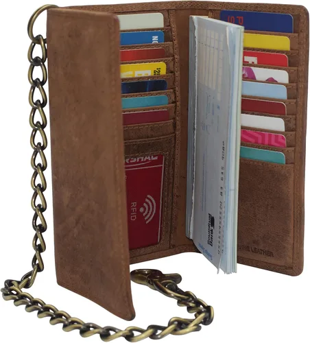 Vista 5 de CAZORO Cartera de cadena de motocicleta de Estados Unidos para hombre, 100% piel auténtica natural, bloqueo RFID triple largo, organizador de dinero