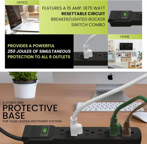 Vista 7 de GoGreen Power (GG-16103M-12BK) Protector de sobretensiones de 6 tomas, 250 julios, negro, cable de 12 pies