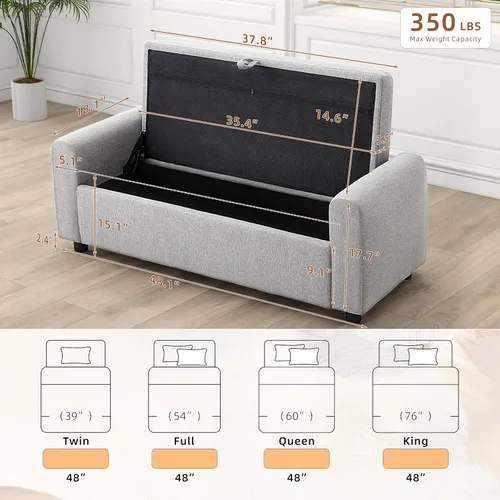 Vista 2 de 48" Ottoman with Storage, Tufted Storage Ottoman Bench, Convenient Living Room Fabrics Bench Seat, Entryway Shoe Benches with Inner Zipper & Arm