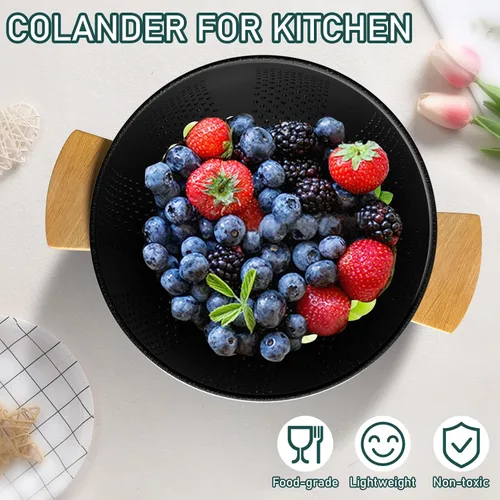 Vista 6 de Colador de metal con mango de madera de bambú, colador grande de 6 cuartos de galón con base autodrenante, cuenco colador de cocina para pasta