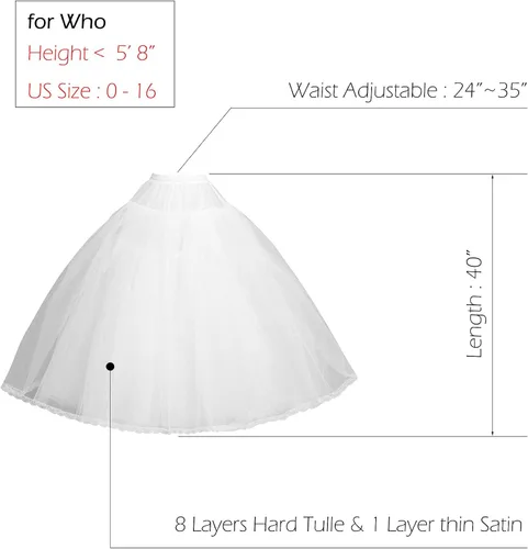 Vista 2 de CEZOM 8 capas de tul Hoopless Enagua Crinolina Underskirt para vestidos de novia MPT018 blanco, Blanco