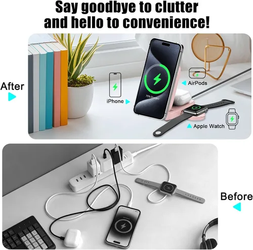 Vista 4 de Estación de carga inalámbrica MagSafe 3 en 1, cargador rápido magnético de 15 W para iPhone serie 17/16/15/14/13/12, Apple Watch y AirPods, soporte