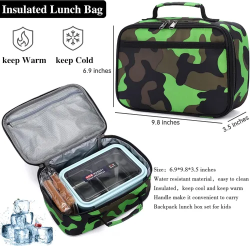 Vista 3 de Juego de mochila de camuflaje con bolsa de almuerzo, ligera, impermeable, mochila escolar para niños y niñas