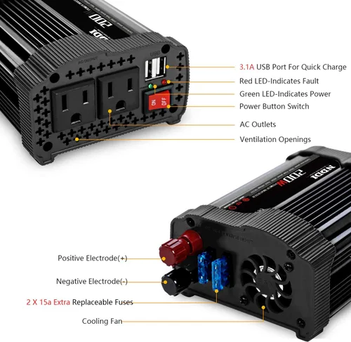 Vista 3 de NDDI 200W Inversor de corriente para automóvil 12V DC a 110V AC con adaptador de cargador USB rápido de 3.1A de doble puerto (Negro) 3.1A Dual USB