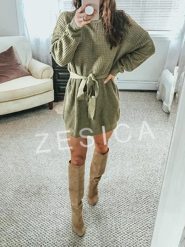 Vista 8 de ZESICA - Vestido de tejido de punto gofre con lazo en la cintura y manga larga para mujer estilo túnica de un solo color sin botones