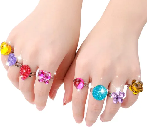 Vista 5 de Hifot 24 anillos ajustables de cristal para niñas, anillos de dedo de joyería de princesa con caja en forma de corazón, anillos de simulación
